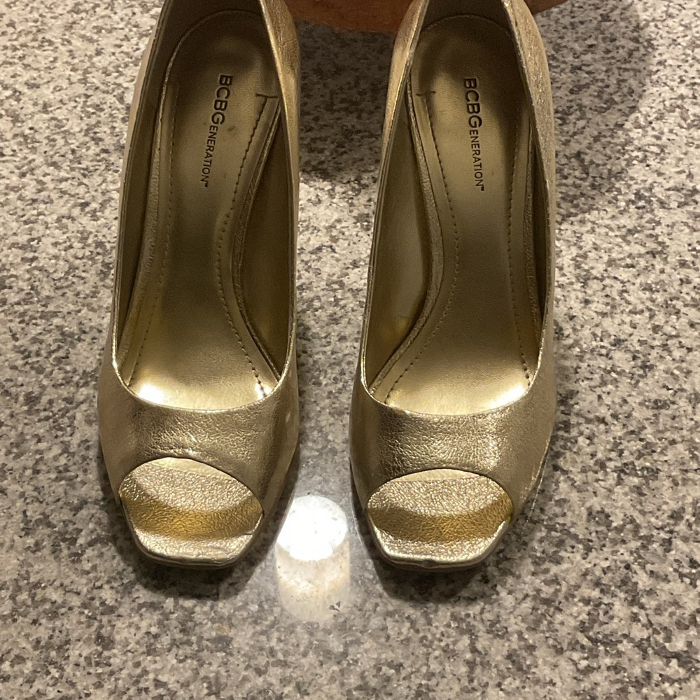 BCBG Metallic Gold Peep-Toe Heels